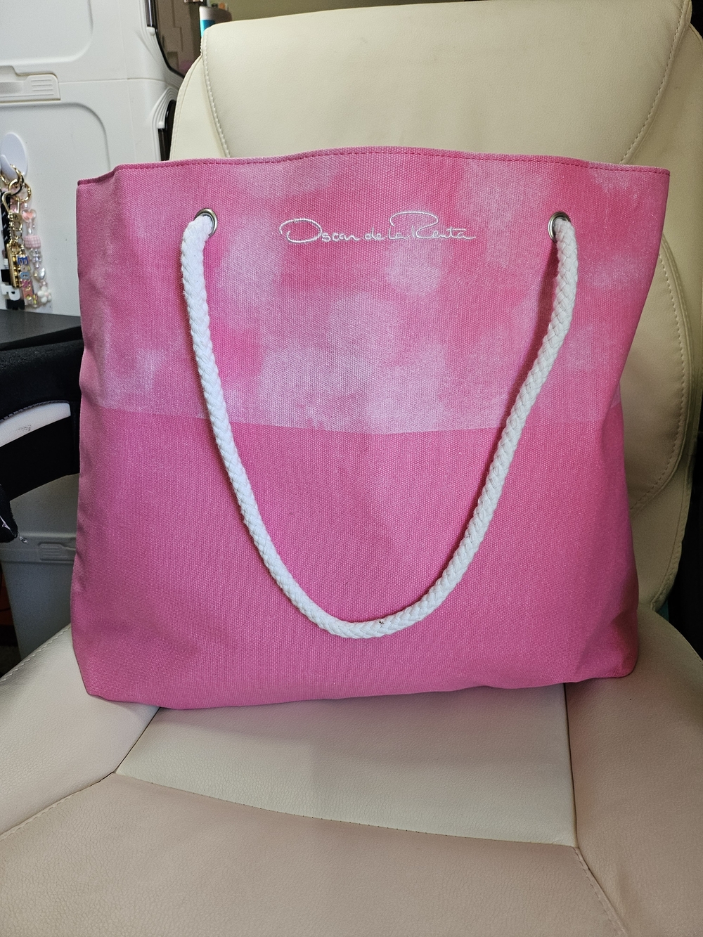 Oscar de la Renta Pink Canvas Tote with White Rope Handles